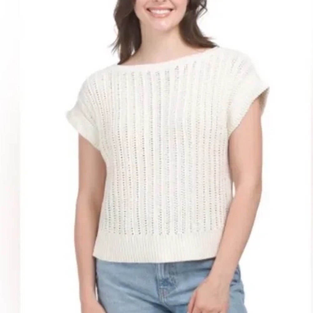 Frye Chalk White Boatneck Open Stitch Knit Cap Sleeve Pullover Sweater‎ Top L